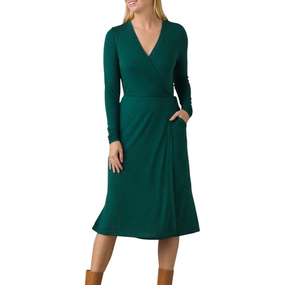 Prana L Green Wrap Midi Dress Long Sleeve V-Neck Jersey Knit Earthy Lagnelook